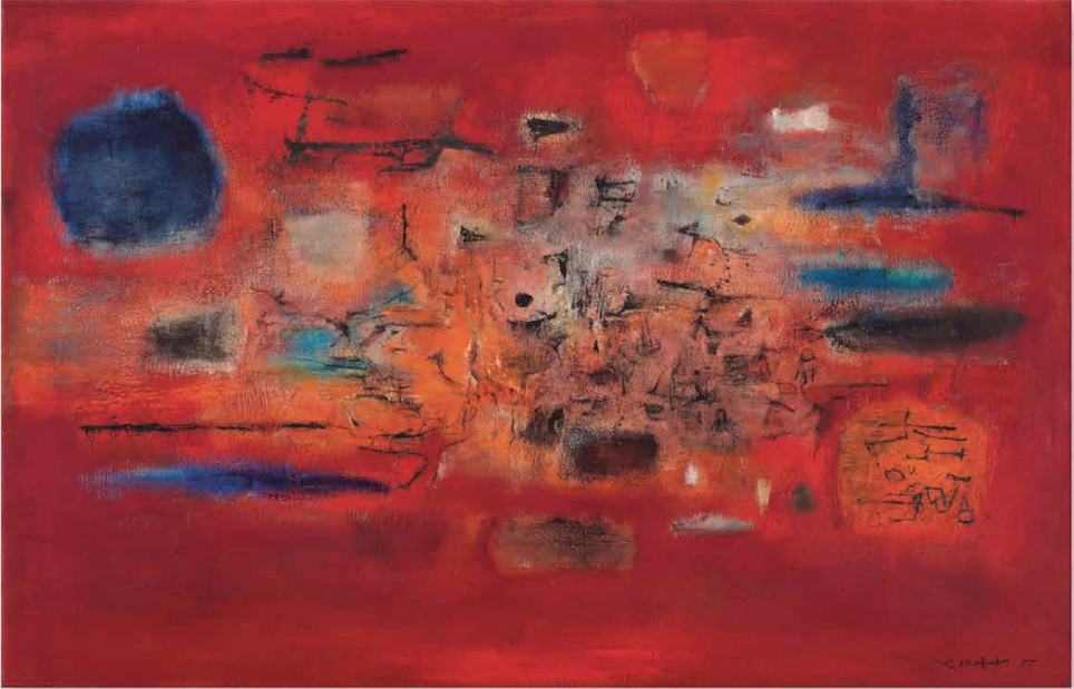 赵无极《雷霆万钧》，油彩画布，65 x 100 cm，1955 估价：HK$ 38,000,000 - 46,000,000 来源：法国私人收藏；亚洲私人收藏；此作品已登记在赵无极基金会之文献库,并将收录于梵思娃•马凯及扬•享德根正筹备编纂的《赵无极作品编年集》