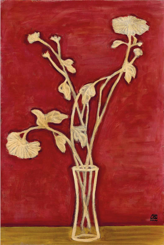 常玉（Sanyu）《黄桌上的菊花瓶》，油彩纤维板，59.5 x 39.8 cm，1940年代 估价：HK$ 10,000,000 - 15,000,000 来源：法国私人收藏（现藏者家属直接购自艺术家本人）