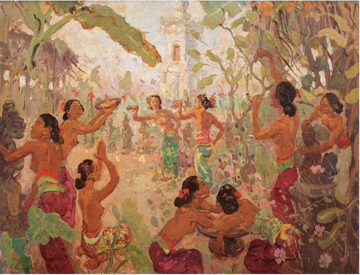 勒迈耶•德•莫赫普赫斯（Adrien-Jean le Mayeur de Merprés）《峇里舞者》（Dancers in Bali），油彩画布、原装手雕巴厘式框，90 x 120 cm 估价：HK$ 3,500,000 - 5,500,000 来源：比利时私人收藏